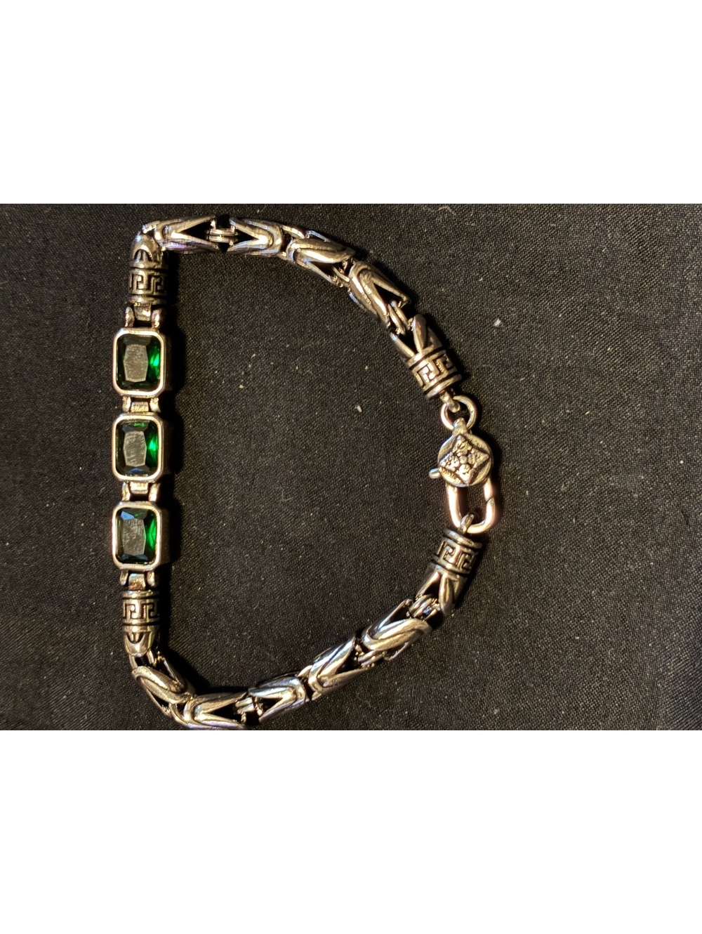 Men's 9" Byzantine Chain Bracelet Green Crystal Stones Greek Key Biker Steel NEW